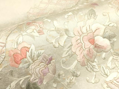 平和屋着物▼中国三大刺繍　相良刺繍　太鼓柄袋帯　総刺繍　切嵌花文　銀糸　引箔　正絹　逸品　CABC3489ak