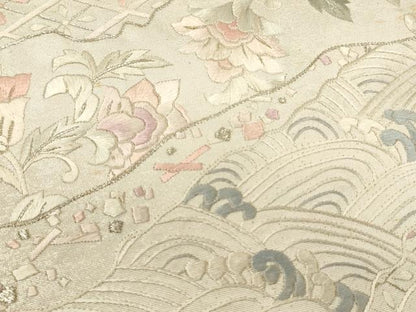 平和屋着物▼中国三大刺繍　相良刺繍　太鼓柄袋帯　総刺繍　切嵌花文　銀糸　引箔　正絹　逸品　CABC3489ak