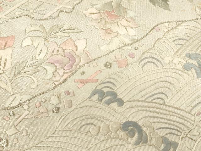 平和屋着物▼中国三大刺繍　相良刺繍　太鼓柄袋帯　総刺繍　切嵌花文　銀糸　引箔　正絹　逸品　CABC3489ak