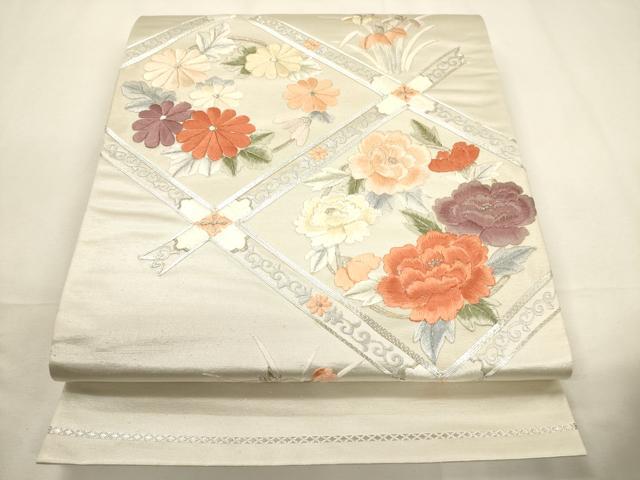 平和屋着物▼太鼓柄袋帯 総刺繍 駒刺繍 菱花文 銀糸 正絹 逸品 CABC3491ak