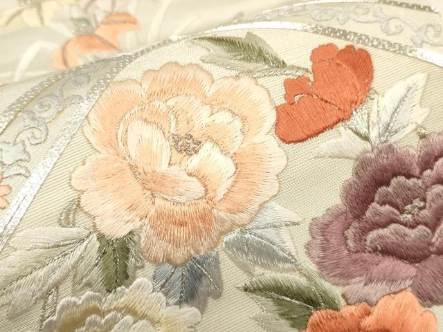 平和屋着物▼太鼓柄袋帯 総刺繍 駒刺繍 菱花文 銀糸 正絹 逸品 CABC3491ak