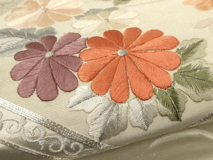 平和屋着物▼太鼓柄袋帯 総刺繍 駒刺繍 菱花文 銀糸 正絹 逸品 CABC3491ak