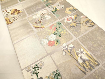 平和屋着物▼六通柄袋帯　唐織　香漂花　市松秀映文　金糸　引箔　正絹　逸品　CABC3499ak