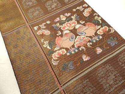 平和屋着物▼六通柄袋帯　駒刺繍　鴛鴦花文　金糸　正絹　逸品　CABC3528ak
