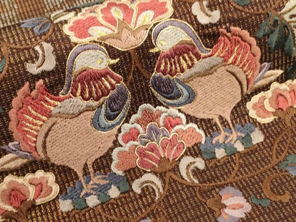 平和屋着物▼六通柄袋帯　駒刺繍　鴛鴦花文　金糸　正絹　逸品　CABC3528ak