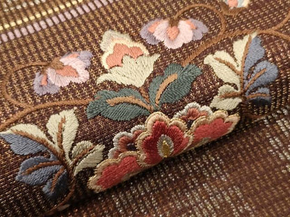 平和屋着物▼六通柄袋帯　駒刺繍　鴛鴦花文　金糸　正絹　逸品　CABC3528ak