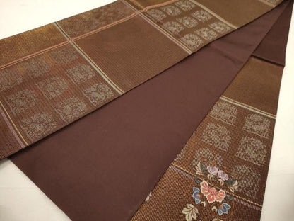 平和屋着物▼六通柄袋帯　駒刺繍　鴛鴦花文　金糸　正絹　逸品　CABC3528ak