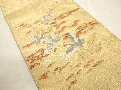平和屋着物▼太鼓柄袋帯 綴れ 刺繍 立波飛鶴文 金彩 正絹 逸品 CABC3529ak