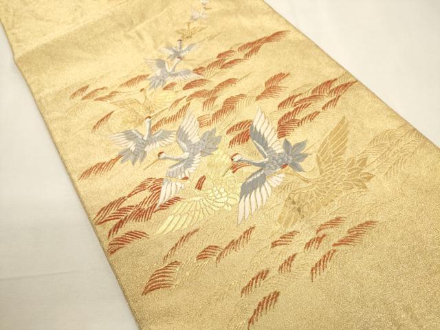 平和屋着物▼太鼓柄袋帯 綴れ 刺繍 立波飛鶴文 金彩 正絹 逸品 CABC3529ak