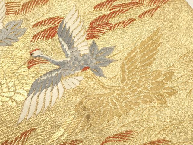 平和屋着物▼太鼓柄袋帯 綴れ 刺繍 立波飛鶴文 金彩 正絹 逸品 CABC3529ak