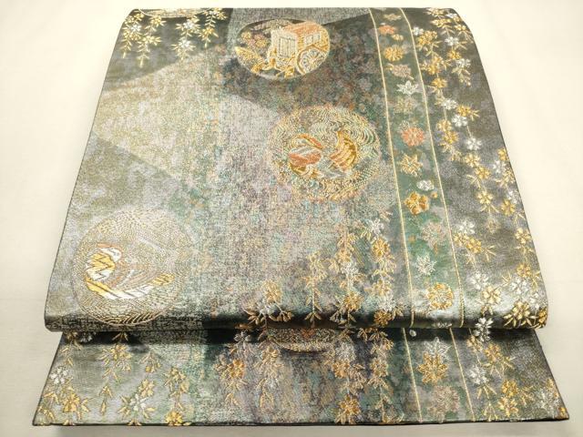 平和屋着物▼六通柄袋帯　唐織　大原野蒔絵文　金銀糸　引箔　正絹　逸品　CABC3536ak