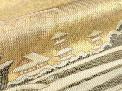 平和屋着物▼六通柄袋帯　螺鈿箔　遠山風景文　金彩　引箔　正絹　逸品　CABC3562ak