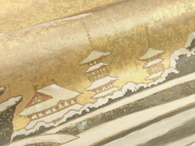平和屋着物▼六通柄袋帯　螺鈿箔　遠山風景文　金彩　引箔　正絹　逸品　CABC3562ak