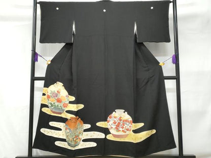 平和屋着物■豪華黒留袖 陶器花文 金彩 正絹 逸品 CABC3619fb