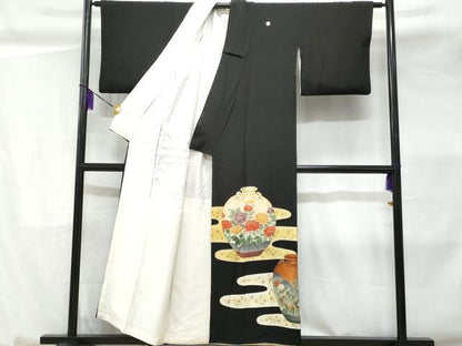 平和屋着物■豪華黒留袖 陶器花文 金彩 正絹 逸品 CABC3619fb