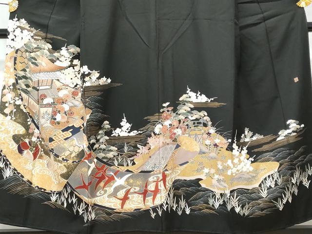 平和屋着物■豪華黒留袖 作家物 飛鶴風景花文 金彩 正絹 逸品 CABC3627fb
