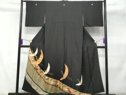 平和屋着物■豪華黒留袖 総刺繍 立波扇面飛鶴松文 金銀彩 正絹 逸品 CABC3643fb