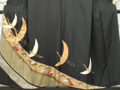 平和屋着物■豪華黒留袖 総刺繍 立波扇面飛鶴松文 金銀彩 正絹 逸品 CABC3643fb