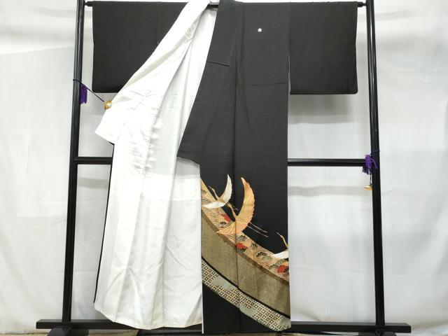 平和屋着物■豪華黒留袖 総刺繍 立波扇面飛鶴松文 金銀彩 正絹 逸品 CABC3643fb
