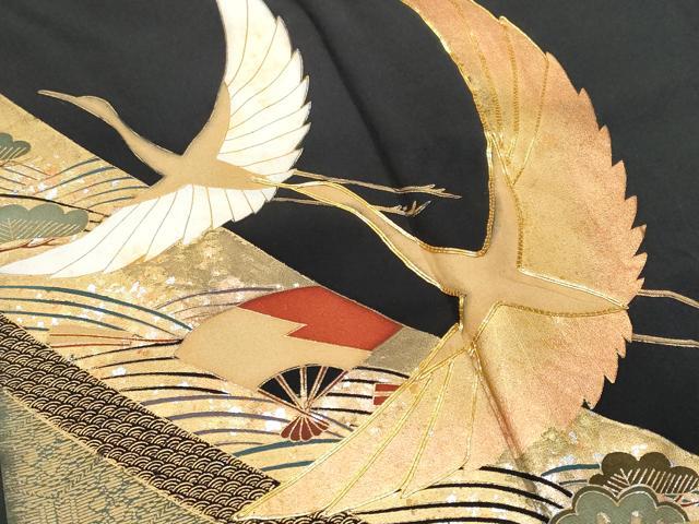 平和屋着物■豪華黒留袖 総刺繍 立波扇面飛鶴松文 金銀彩 正絹 逸品 CABC3643fb