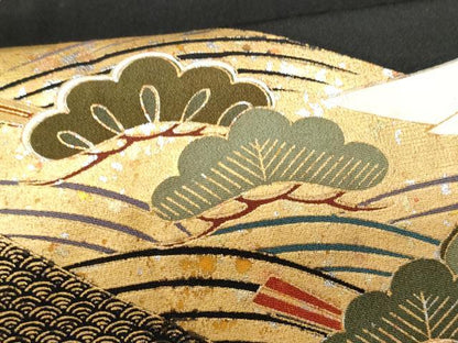 平和屋着物■豪華黒留袖 総刺繍 立波扇面飛鶴松文 金銀彩 正絹 逸品 CABC3643fb