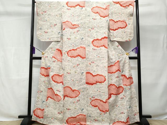 平和屋着物■上質な小紋 手描き 絞り 風景花文 正絹 逸品 CABC3697fb
