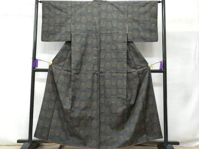 平和屋着物■上質な紬　松葉　黒地　正絹　逸品　CABC3735fb
