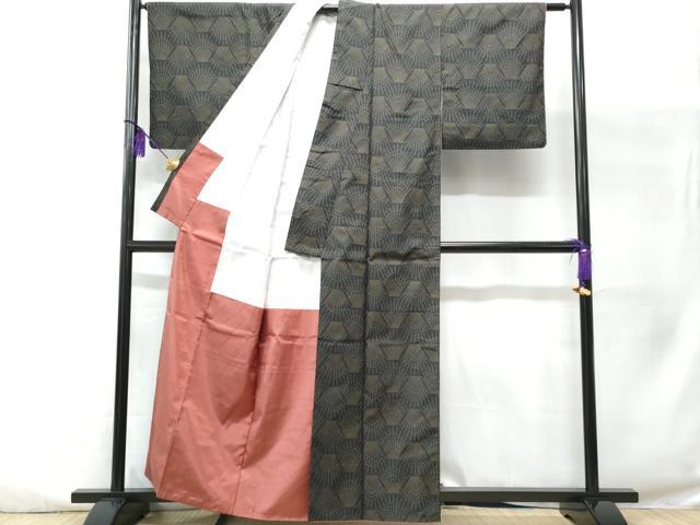 平和屋着物■上質な紬　松葉　黒地　正絹　逸品　CABC3735fb