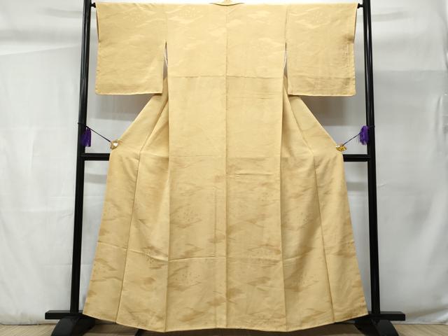 平和屋着物■上質な色無地 松皮菱吉祥地紋 飴色 正絹 逸品 未使用 CABC3747fb
