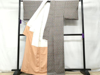 平和屋着物■上質な小紋 菱文 黒地 正絹 逸品 CABC3830fb