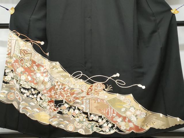 平和屋着物●豪華黒留袖　御所車人物風景文　金彩　仮絵羽　正絹　逸品　未使用　DABC2036ud 平和屋着物□豪華黒留袖 駒刺繍 流水屏風御所車花文 暈し染め 金彩