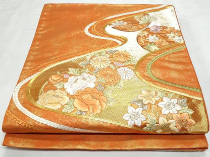 平和屋着物◎六通柄袋帯　駒刺繍　草花丸文　金糸　正絹　逸品　CABC3905fb