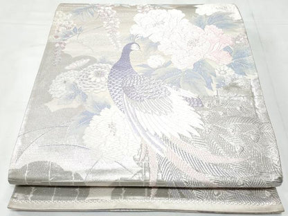 平和屋着物◎六通柄袋帯　孔雀花文　プラチナ箔二重織　正絹　逸品　CABC3942fb