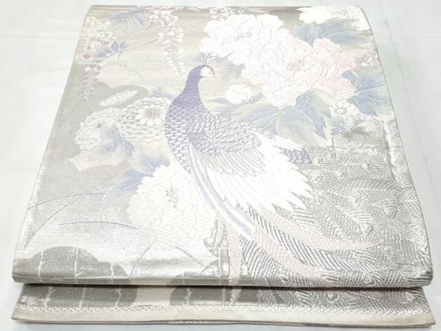 平和屋着物◎六通柄袋帯　孔雀花文　プラチナ箔二重織　正絹　逸品　CABC3942fb