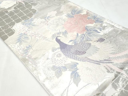 平和屋着物◎六通柄袋帯　孔雀花文　プラチナ箔二重織　正絹　逸品　CABC3942fb