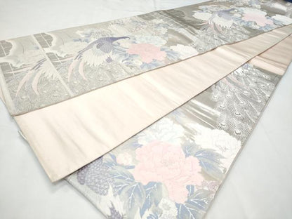平和屋着物◎六通柄袋帯　孔雀花文　プラチナ箔二重織　正絹　逸品　CABC3942fb