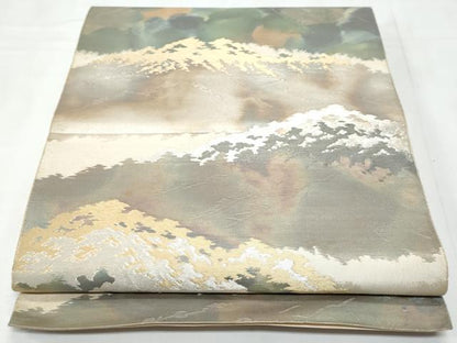平和屋着物◎西陣　服部織物謹製　六通柄袋帯　こはく錦　遠山風景文　金銀糸　引箔　正絹　逸品　CABC3955fb