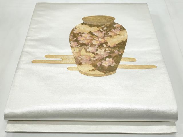 平和屋着物◎太鼓柄袋帯　エ霞陶器雲取り枝桜文　金銀彩　正絹　逸品　未使用　CABC3976fb