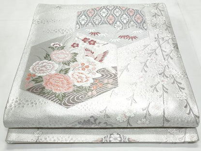 平和屋着物◎六通柄京袋帯　唐織　亀甲鳳凰花文　銀糸　正絹　逸品　CABC3992fb
