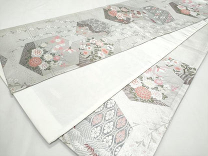 平和屋着物◎六通柄京袋帯　唐織　亀甲鳳凰花文　銀糸　正絹　逸品　CABC3992fb