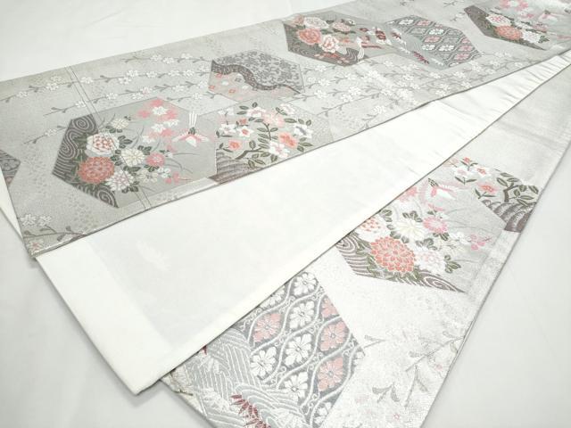 平和屋着物◎六通柄京袋帯　唐織　亀甲鳳凰花文　銀糸　正絹　逸品　CABC3992fb