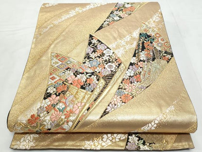 平和屋着物◎六通柄袋帯　唐織　扇面花文　金糸　正絹　逸品　CABC3997fb