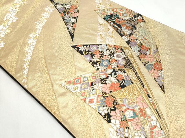 平和屋着物◎六通柄袋帯　唐織　扇面花文　金糸　正絹　逸品　CABC3997fb