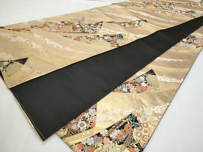 平和屋着物◎六通柄袋帯　唐織　扇面花文　金糸　正絹　逸品　CABC3997fb