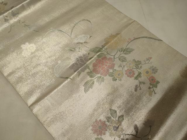 平和屋着物◎九寸開き名古屋帯　草花文　銀糸　正絹　逸品　CABC4133oy