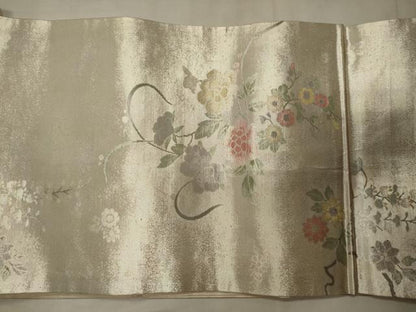 平和屋着物◎九寸開き名古屋帯　草花文　銀糸　正絹　逸品　CABC4133oy