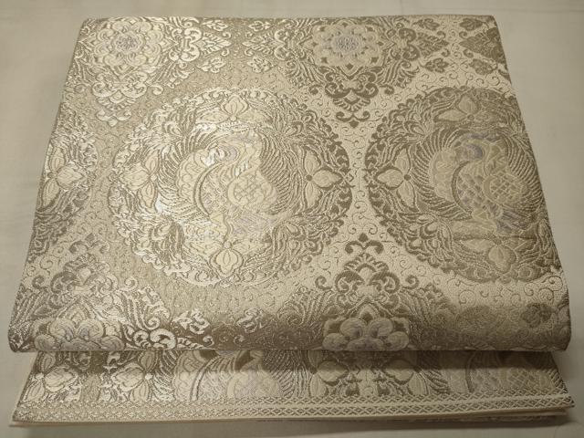 平和屋着物◎六通柄袋帯　唐織　鳳凰正倉院花文　銀糸　正絹　逸品　CABC4145oy