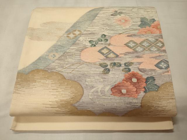 平和屋着物◎太鼓柄袋帯　流水吉祥花文　正絹　逸品　CABC4147oy