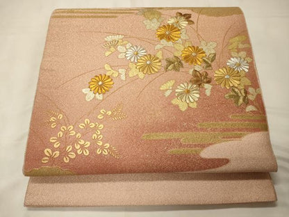 平和屋着物◎太鼓柄袋帯　綴れ　刺繍　雲取り草花文　金彩　正絹　逸品　CABC4151oy