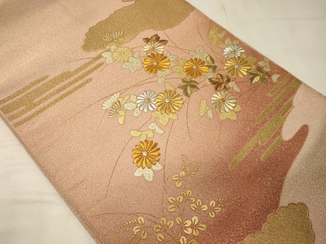 平和屋着物◎太鼓柄袋帯　綴れ　刺繍　雲取り草花文　金彩　正絹　逸品　CABC4151oy